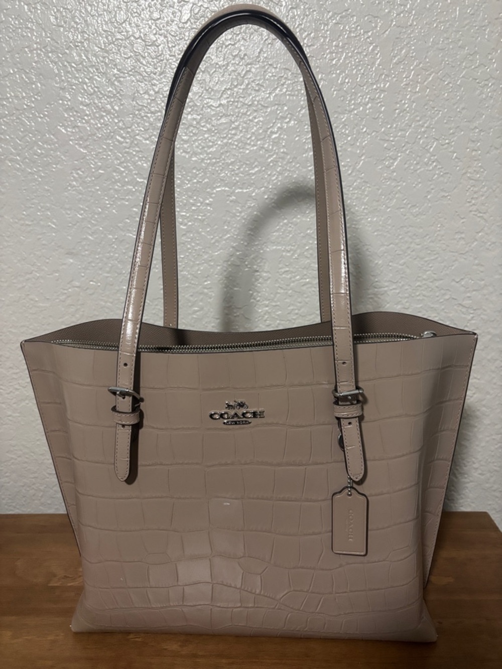 Coach Beige Croc-Embossed Leather Shoulder Bag